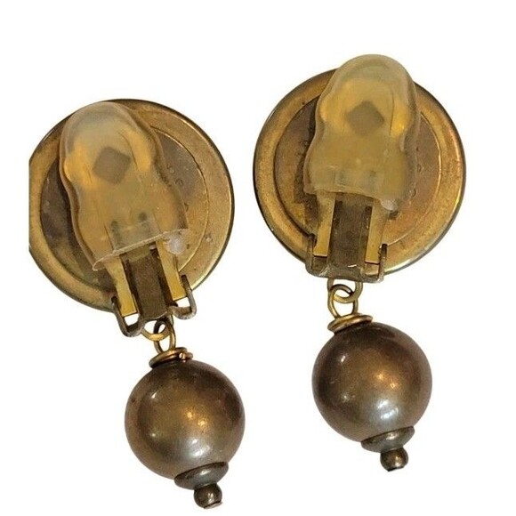 VTG Jan Michaels San Francisco Teal Molded Design earrings brass dangle Clip On - Picture 4 of 5